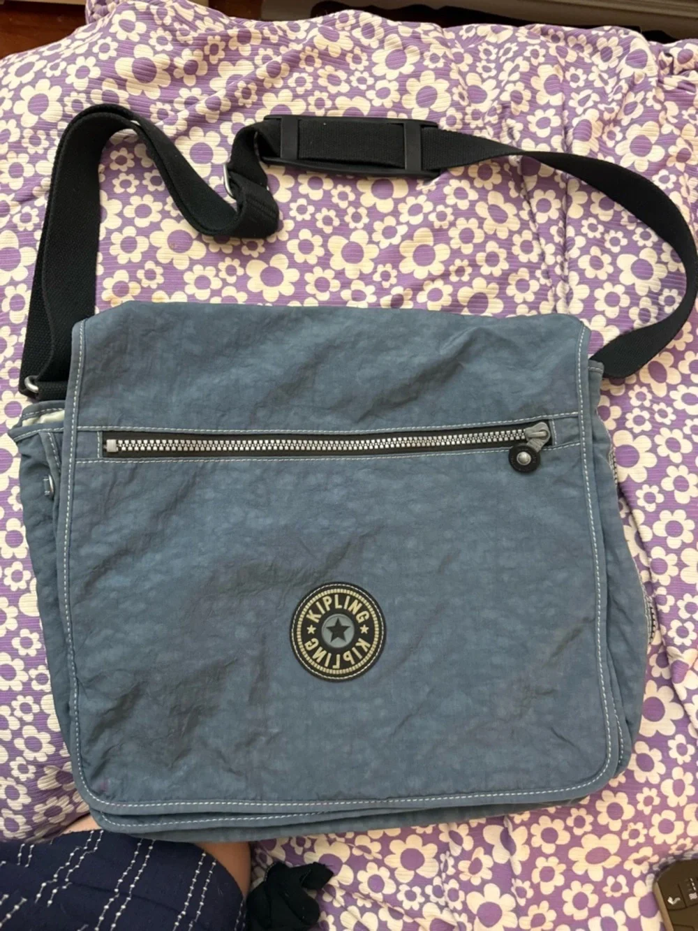 Kipling Madhouse Expandable Slate Blue Messenger Bag with Black Strap